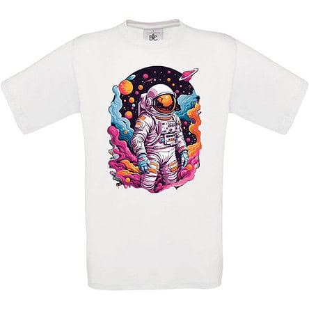 T-shirt blanc avec astronaute cosmos coloré.