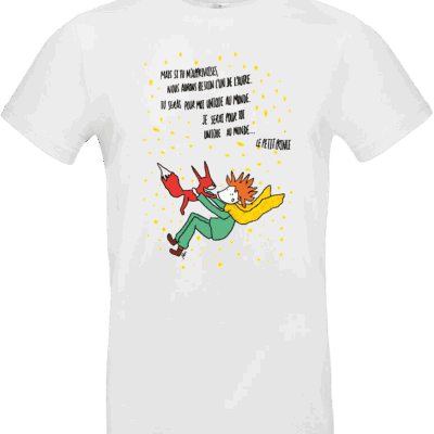 T-shirt blanc avec illustration Abi du Petit Prince portant le renard, impression DTF Ultra Premium Pilou Shop 64