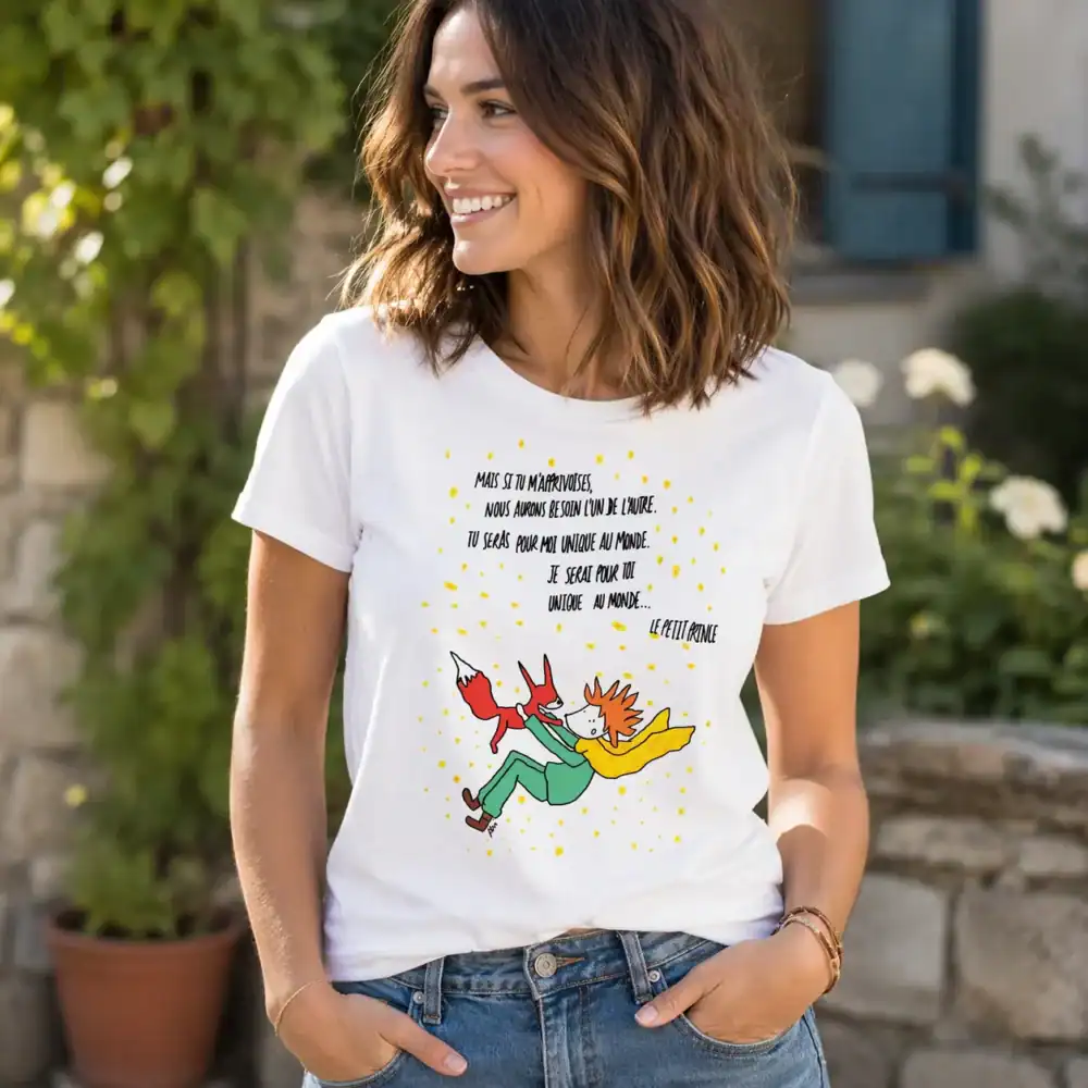 T-shirt petit prince porté par femme en extérieur jardin
