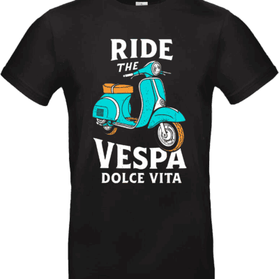 T-shirt noir Ride the Vespa Dolce Vita avec illustration vintage turquoise