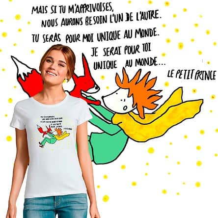 t-shirt femme coupe cintrée illustré par notre artiste bearnaise abi une vie de belette, avec le petit prince et le renard qu'il veut apprivoiser d'après antoine de saint exupery