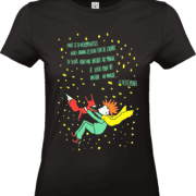 T-shirt noir Petit Prince et renard jaune.