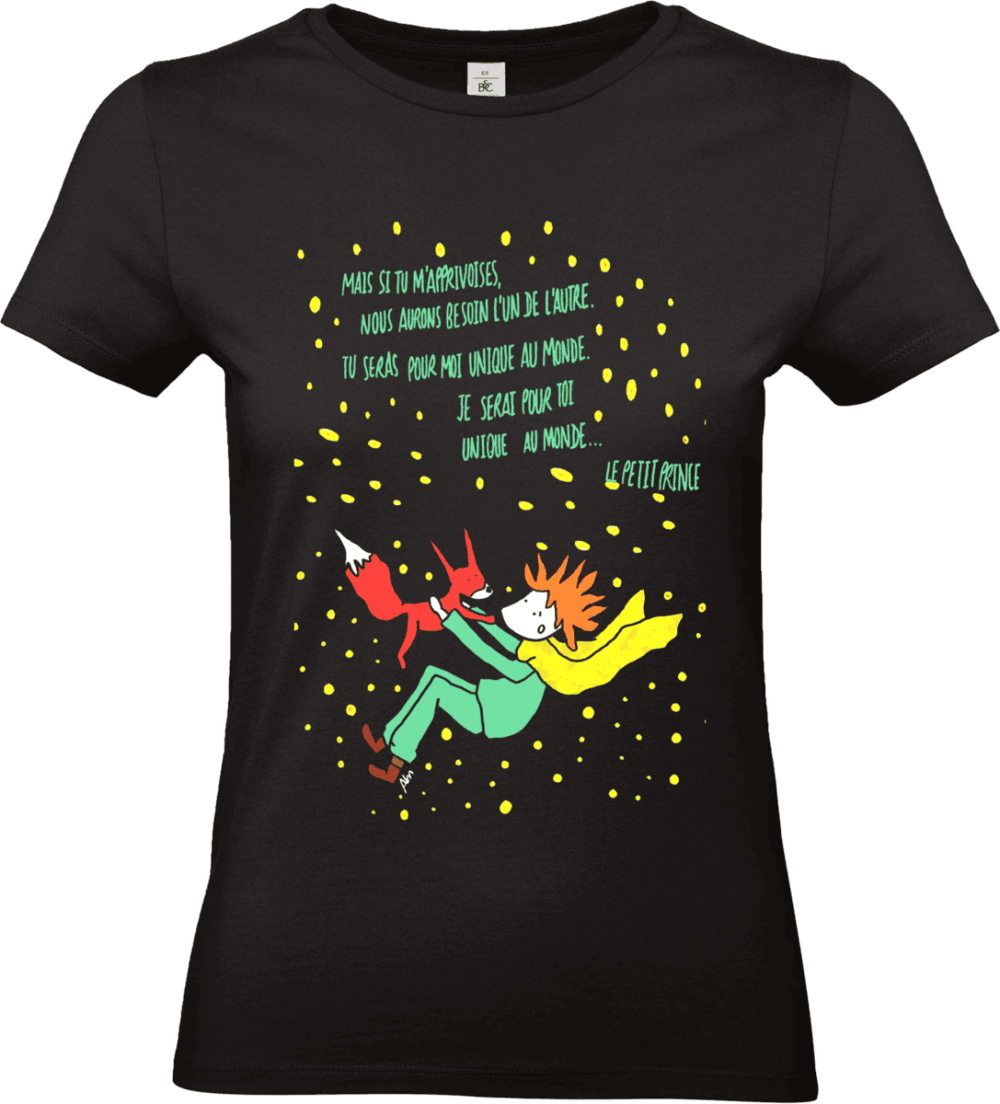 T-shirt noir Petit Prince et renard jaune.