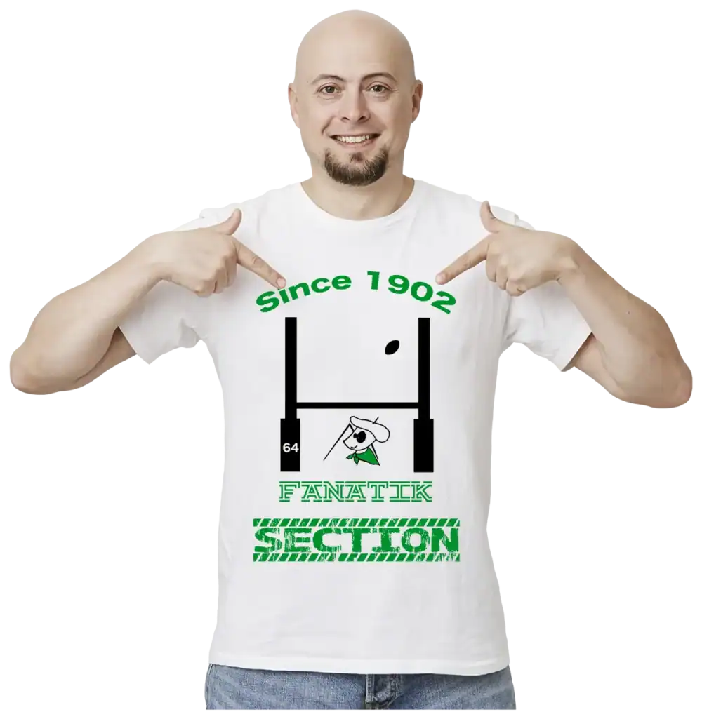 t shirt homme blanc supporter section paloise fanatik 64 since 1902 rugby impression dtf pilou shop 64 modèle homme porté