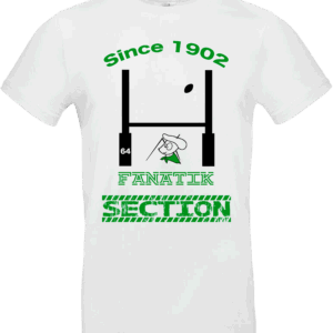 Pilou Shop 64 – T-shirt blanc Fanatik Section Paloise Since 1902 avec visuel rugby, poteaux, béret et béarnais drapeau vert