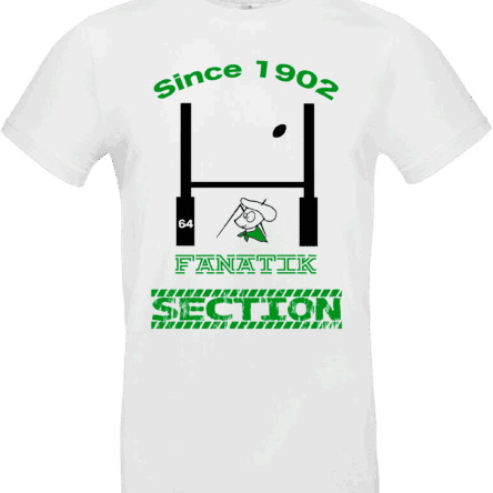 Pilou Shop 64 – T-shirt blanc Fanatik Section Paloise Since 1902 avec visuel rugby, poteaux, béret et béarnais drapeau vert