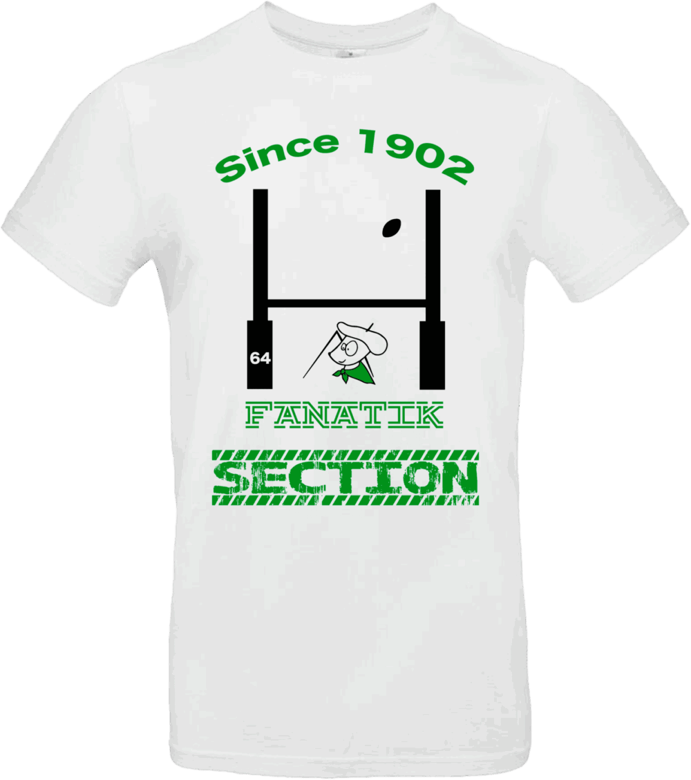 Pilou Shop 64 – T-shirt blanc Fanatik Section Paloise Since 1902 avec visuel rugby, poteaux, béret et béarnais drapeau vert