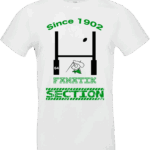 Pilou Shop 64 – T-shirt blanc Fanatik Section Paloise Since 1902 avec visuel rugby, poteaux, béret et béarnais drapeau vert