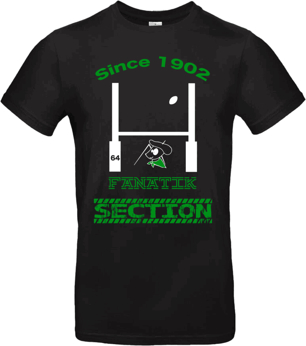 Pilou Shop 64 – T-shirt noir Fanatik Section Paloise Since 1902 avec visuel rugby, poteaux, béret et drapeau vert