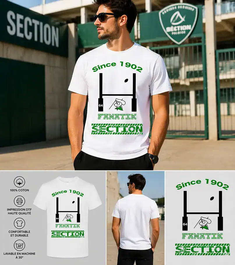 T-shirt homme blanc fanatik section supporter rugby since 1902 design vert