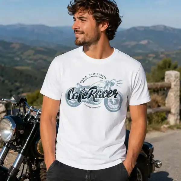 T-shirt cafe racer porté par homme avec moto en extérieur montagne