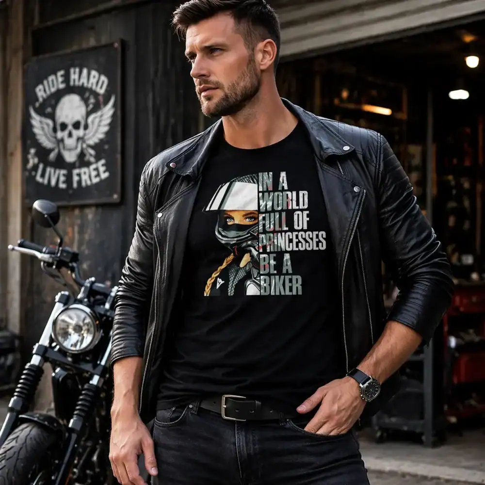 T-shirt in a world full of princesses be a biker porté par homme en extérieur garage moto