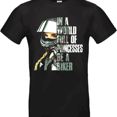 T-shirt noir femme “In a World Full of Princesses Be a Biker” avec illustration motarde style comics