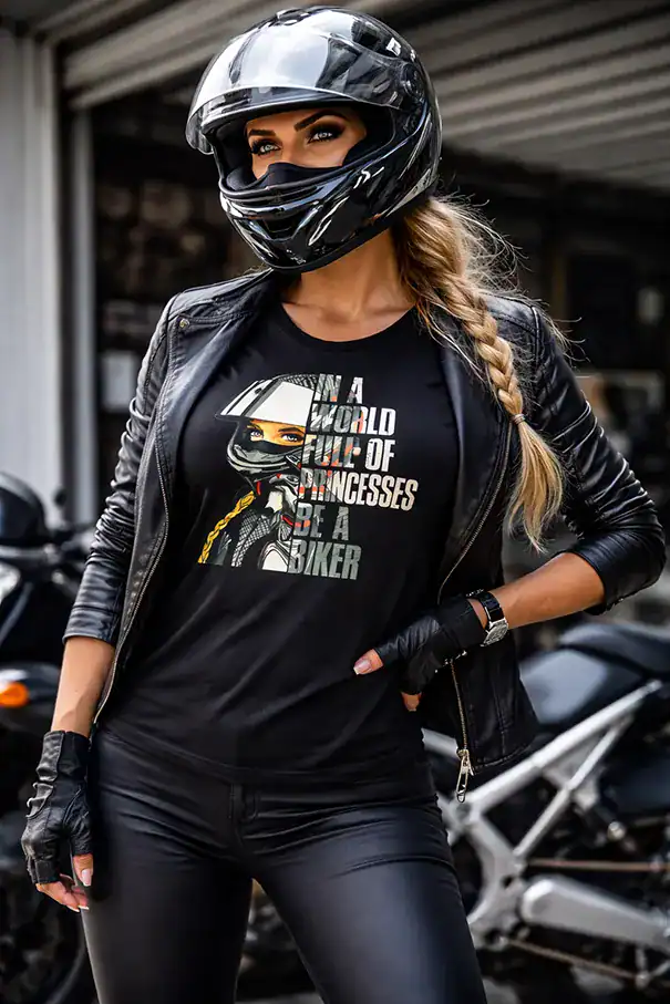 t shirt biker noir avec design femme motarde casque be a biker impression dtf pilou shop 64 porté par une femme motarde avec son casque