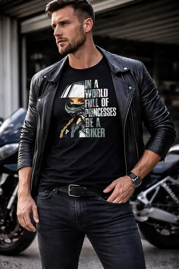 t shirt biker noir avec design femme motarde casque be a biker impression dtf pilou shop 64 porté par un homme motard avec son casque