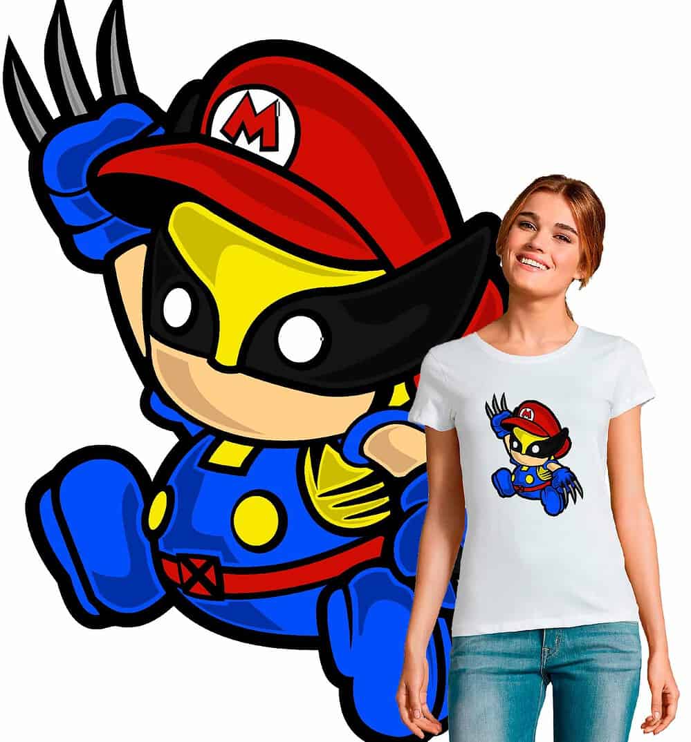 T-shirt femme pop culture crossover Bébé Mario Wolverine X-Men