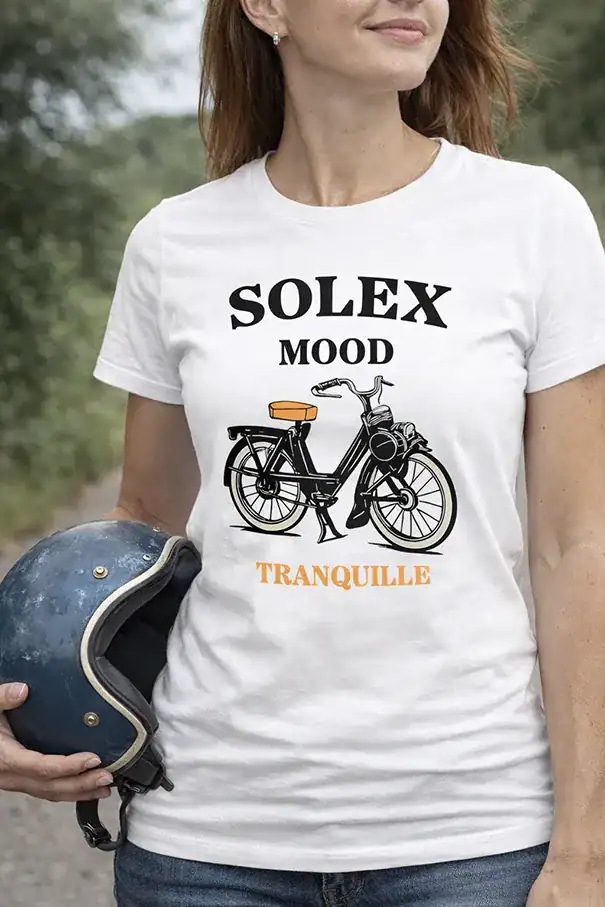 t shirt femme solex mood tranquille blanc casque vintage bleu main style retro scooter impression dtf premium