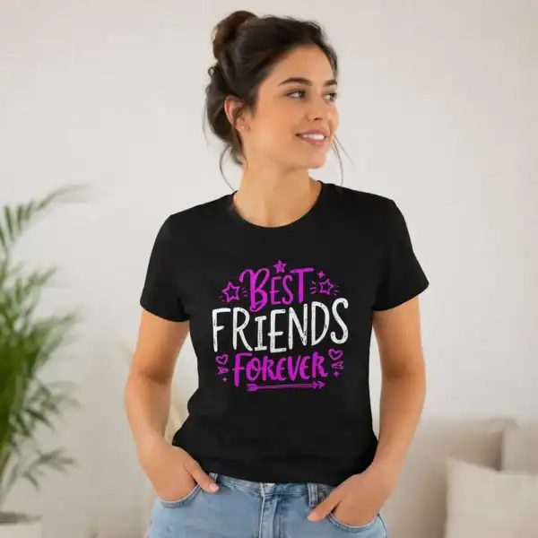 T-shirt best friends forever porté par femme en intérieur fond clair