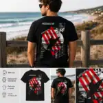 T-shirt homme noir surf Hossegor France big wave surfing design rouge noir surfer