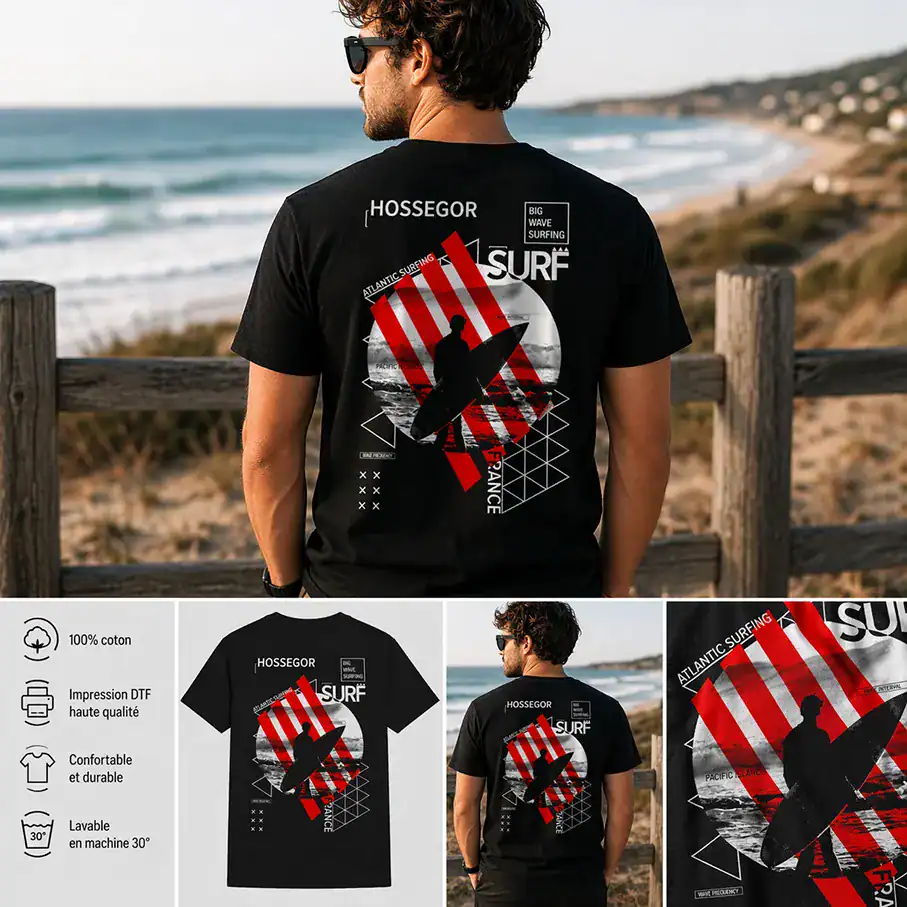 T-shirt homme noir surf Hossegor France big wave surfing design rouge noir surfer