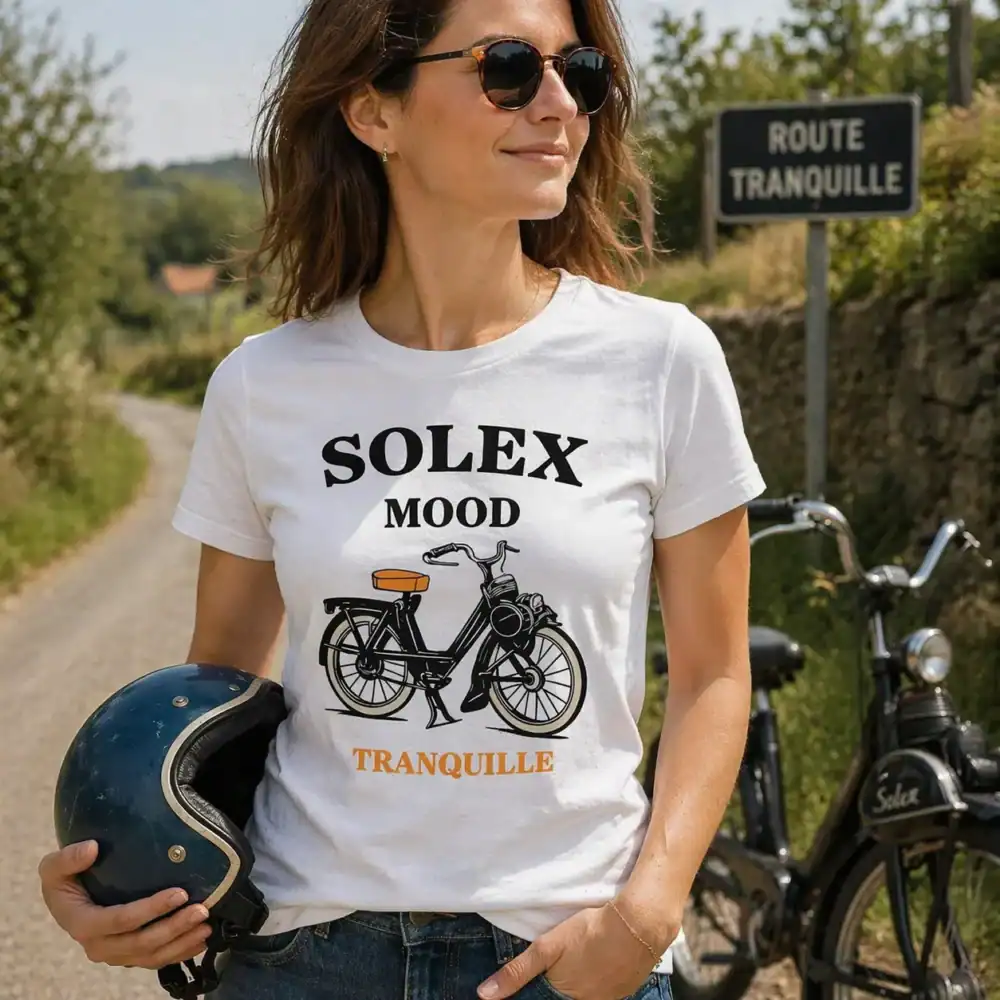 T-shirt solex mood tranquille porté par femme en extérieur route campagne