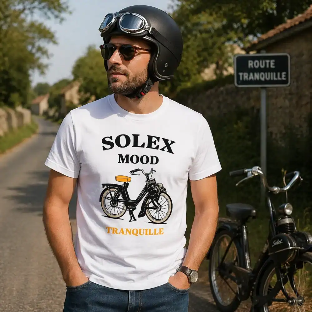 T-shirt solex mood tranquille porté par homme en extérieur route campagne