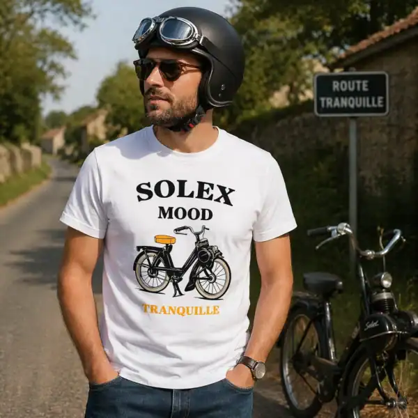 T-shirt solex mood tranquille porté par homme en extérieur route campagne
