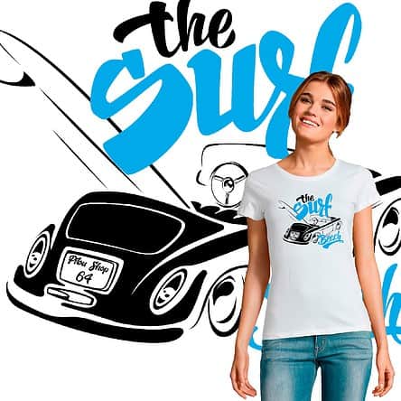 T_SHIRT FEMME THE SURF BEACH PLANCHE DE SUR DANS LE CABRIOLET POUR ALLER SURFER A LA PLAGE