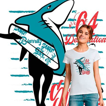 T-shirt Femme Destination 64 Shark Surfing original REQUIN SPOT DE SURF PLAGES DU SUD OUEST