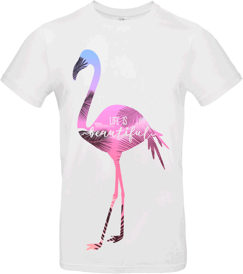 T-shirt “Life is Beautiful” avec flamant rose pastel sur fond blanc
