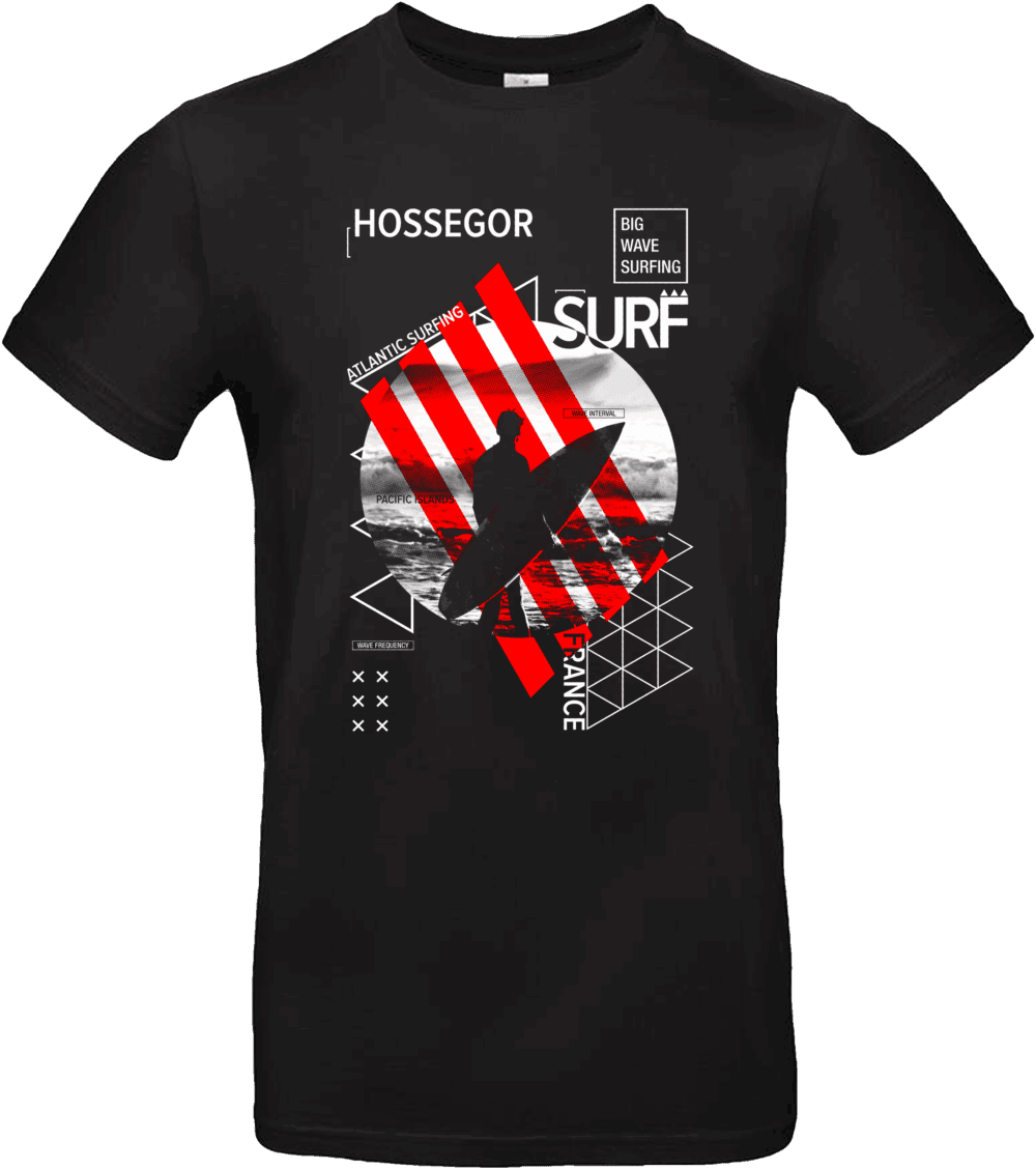 T-shirt Surf Hossegor noir – surfeur silhouette et vagues rouges, création Pilou Shop 64