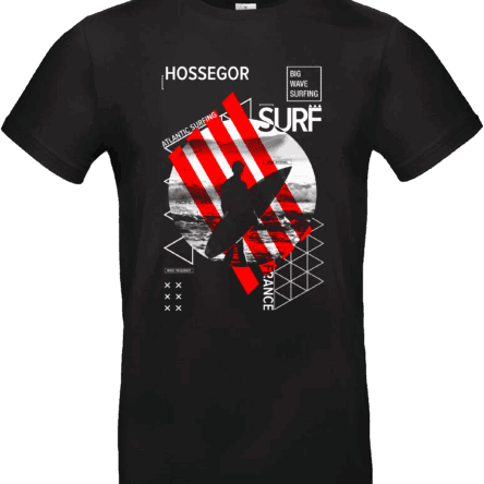 T-shirt Surf Hossegor noir – surfeur silhouette et vagues rouges, création Pilou Shop 64