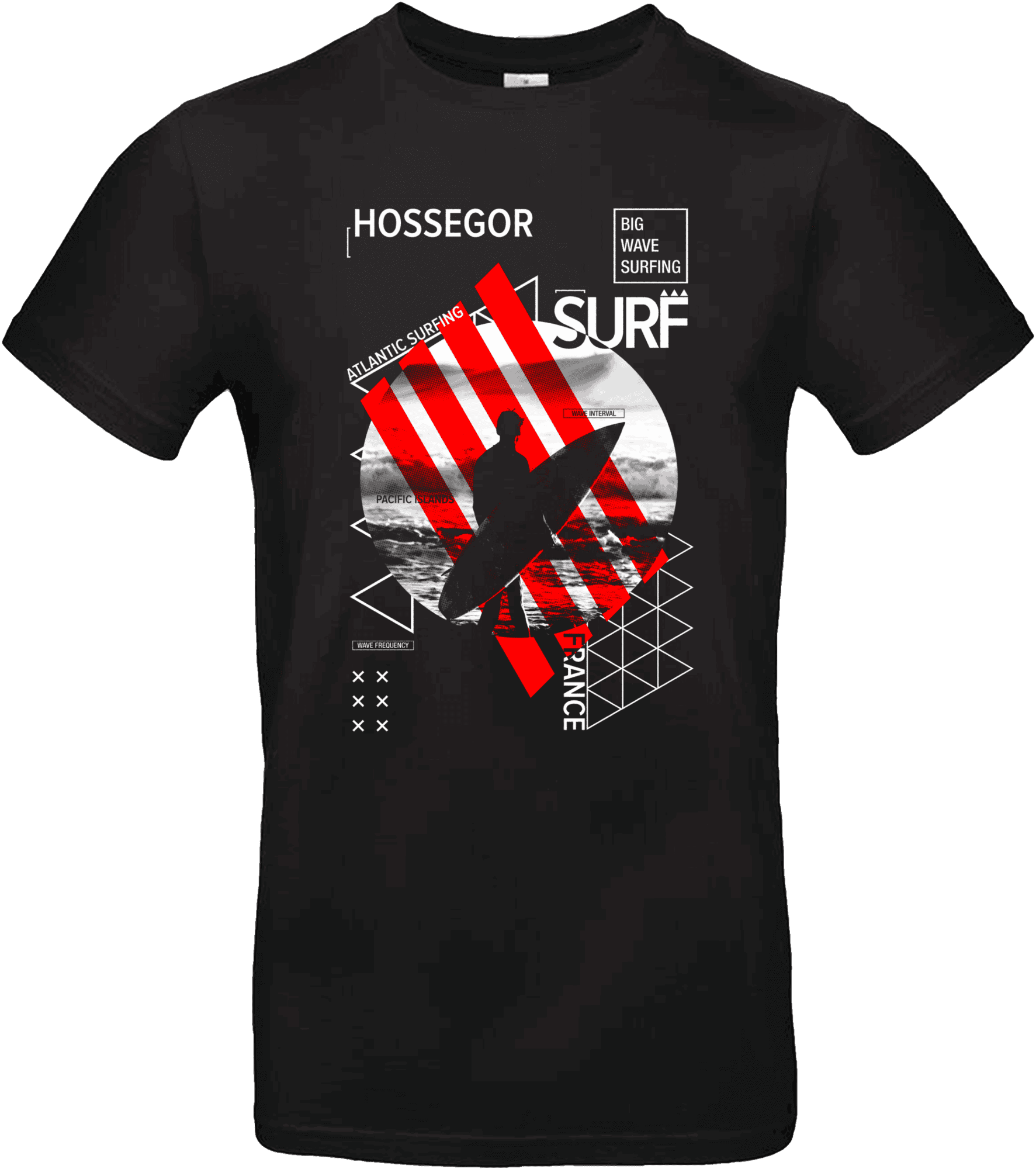 T-shirt Surf Hossegor noir – surfeur silhouette et vagues rouges, création Pilou Shop 64