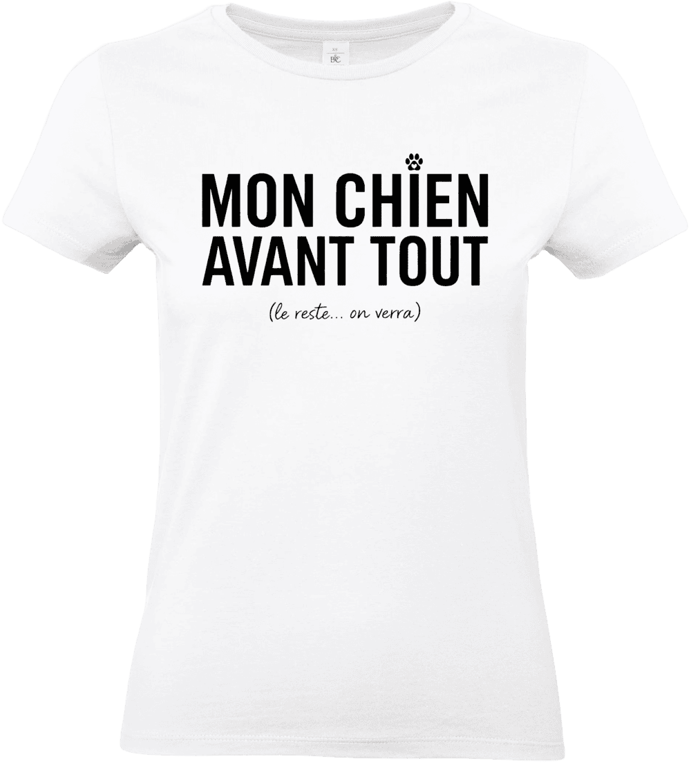T-shirt blanc avec texte chien humoristique.