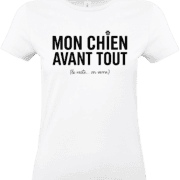 T-shirt blanc avec texte chien humoristique.