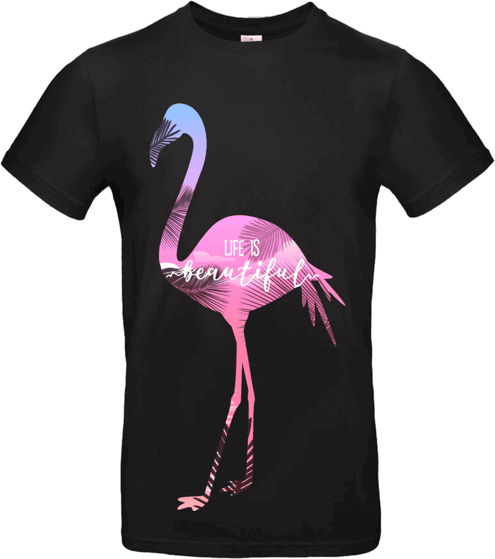 T-shirt “Life is Beautiful” avec flamant rose pastel sur fond NOIR