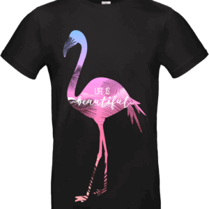 T-shirt “Life is Beautiful” avec flamant rose pastel sur fond NOIR