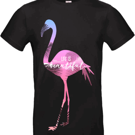 T-shirt “Life is Beautiful” avec flamant rose pastel sur fond NOIR