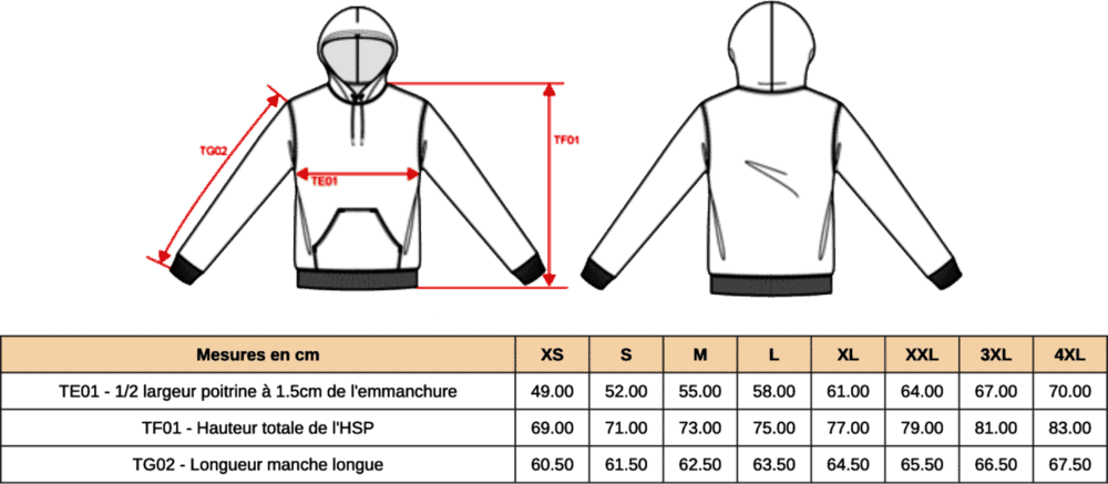 Guide tailles et mesures sweat à capuche.