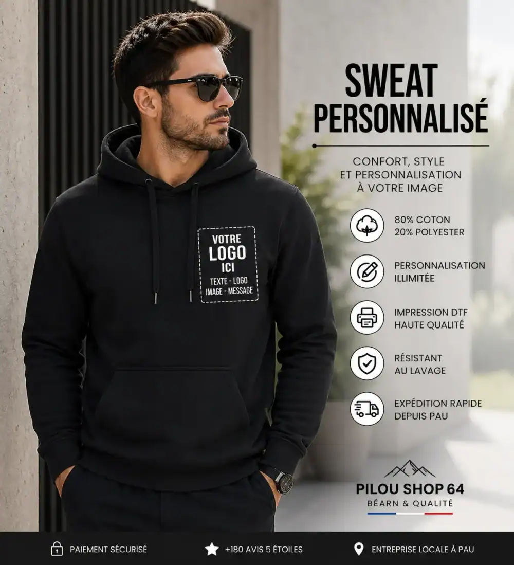 sweat personnalisé homme impression DTF premium hoodie noir personnalisable logo entreprise pilou shop 64 Pau