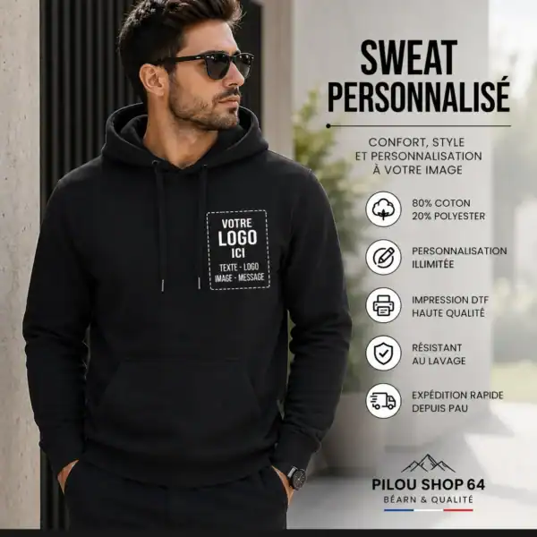 sweat personnalisé homme impression DTF premium hoodie noir personnalisable logo entreprise pilou shop 64 Pau