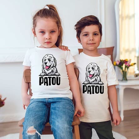 t-shirt enfant Patou, chien de montagne des pyrénées, la meilleure protection de vos troupeaux contre les attaques de l'ours