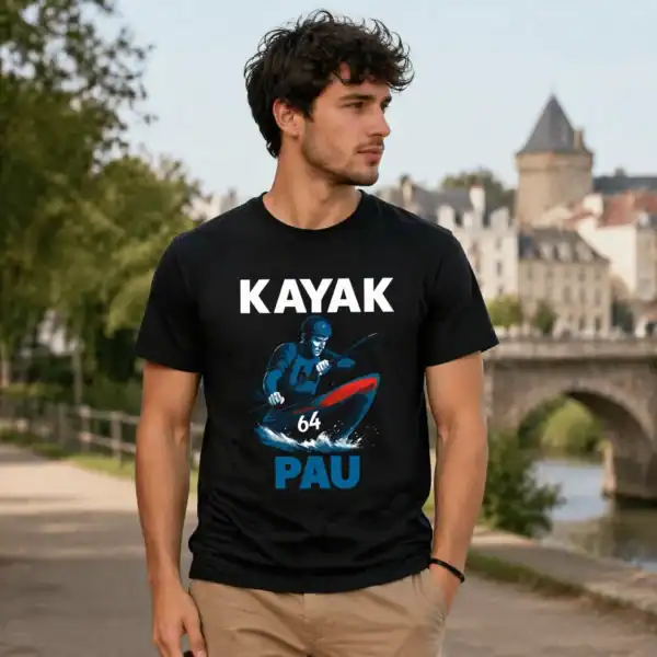 T-shirt kayak Pau 64 porté par homme en extérieur rivière Pau