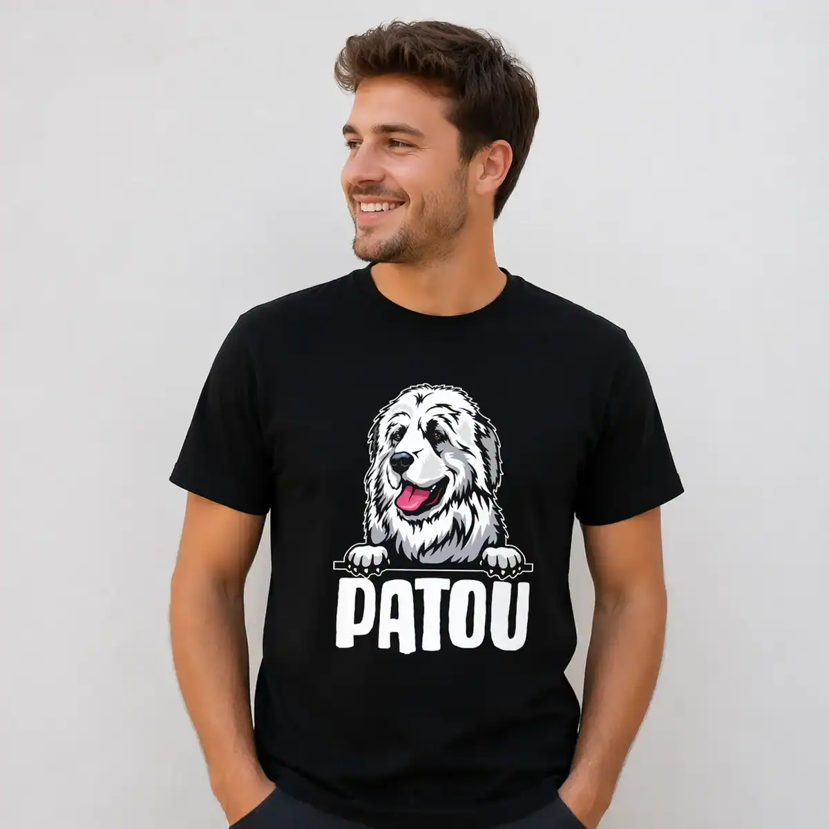T-shirt patou chien porté par homme fond neutre