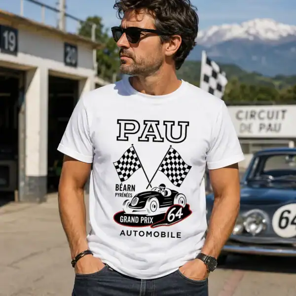 T-shirt pau béarn grand prix automobile porté par homme en extérieur circuit