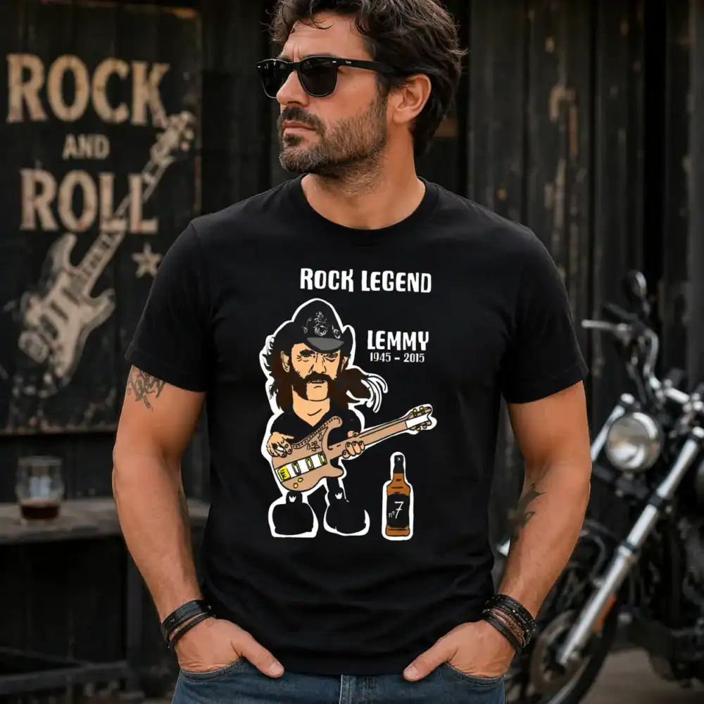 T-shirt rock legend lemmy 1945 2015 porté par homme en extérieur biker