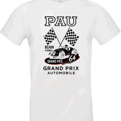 T-shirt blanc Grand Prix de Pau style affiche vintage voiture rétro et drapeaux à damier