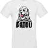 T-shirt blanc Patou des Pyrénées avec illustration cartoon du chien montagnard et texte Patou