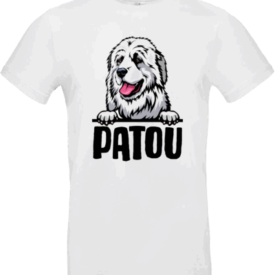 T-shirt blanc Patou des Pyrénées avec illustration cartoon du chien montagnard et texte Patou