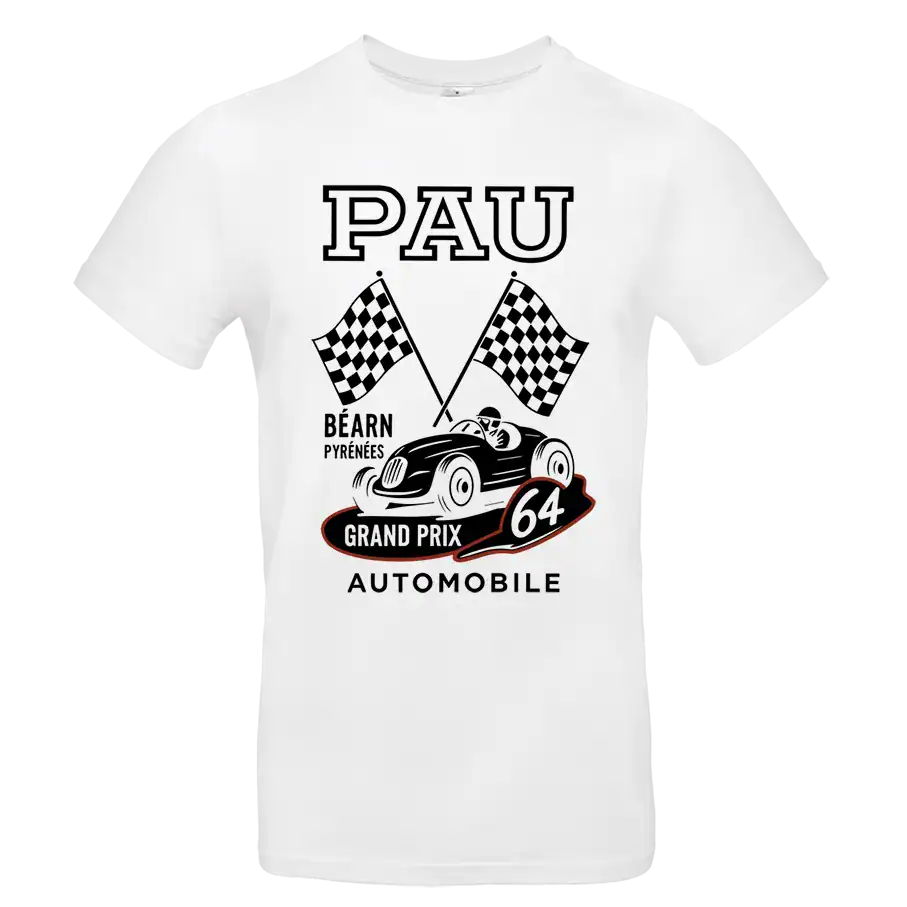 t shirt homme blanc – grand prix de pau – style affiche vintage